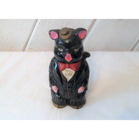 DClay black pig bank, piggy bank, antique mid 40s 50s, Relco, made in Japan, rare unusual unique