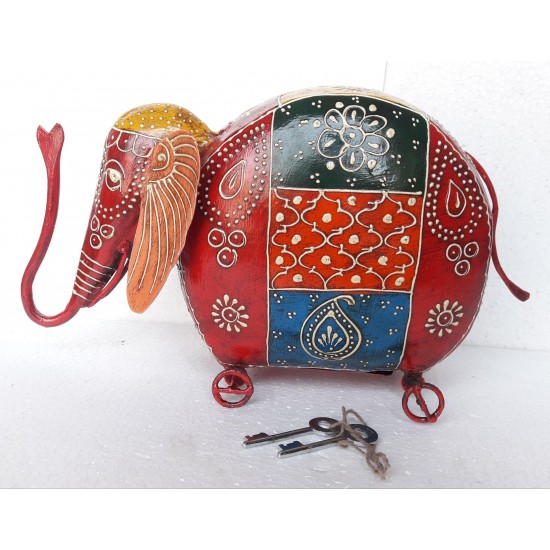 Elephant Metal piggy bank Box Kids Money Bank Money Storage Box Iron Hand crafted Embossed Painted 2 key Home cor Indian Art