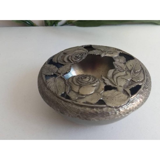 French vintage, pewter pot pourri dish with cut out rose design and removable lid.