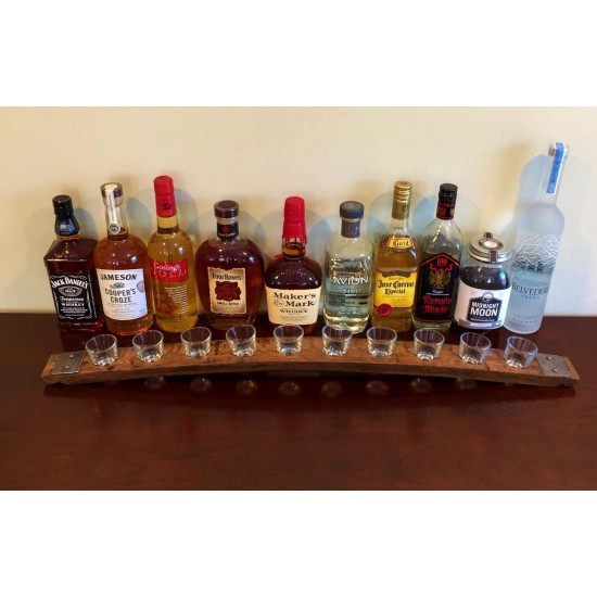 Shot Glass Flight Tray Ma From Reclaimed Whiskey Bourbon Barrel Staves - With 10 Shot Glasses