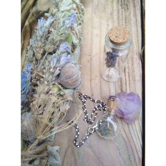 Smudge - PEACEFUL Lavender Bundle, Raw Amethyst Gemstone, Lavender Altar Charm, Silver Necklace with Lavender Round Glass Bottle