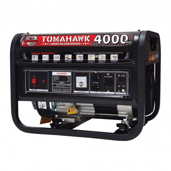 TOMAHAWK 4000 Starting Watt Generator Power Portable for Home Use and Construction 120V 220V Outlet Panel with Wheel Kit and Red Frame