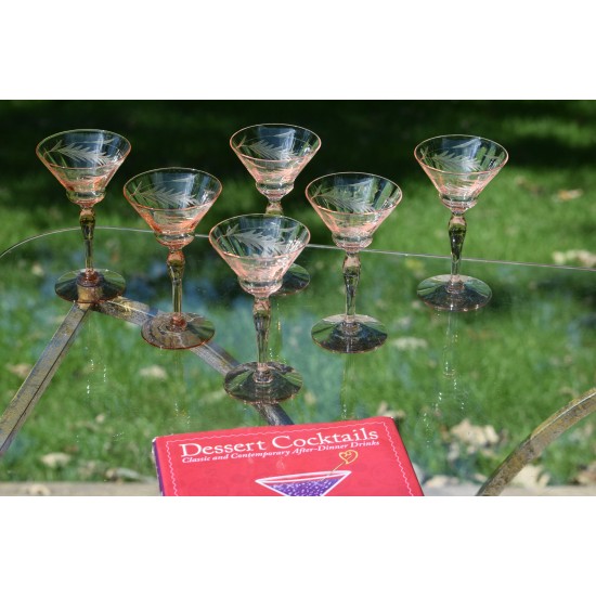 Vintage Etched PINK Liquor ~ Cocktail Glasses, Set of 6, After Dinner Drink Wine ~ Liquor Glasses, 3.5 oz Port ~ ssert Wine Glasses