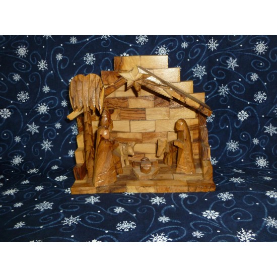 Vintage Israel Olive Wood Nativity set-H carved nativity with stable-Mosaic Holy L -Creche