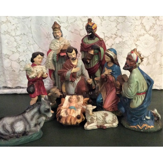 Vintage Large 11 Piece Nativity Papier Mache Figurines Japan Mid