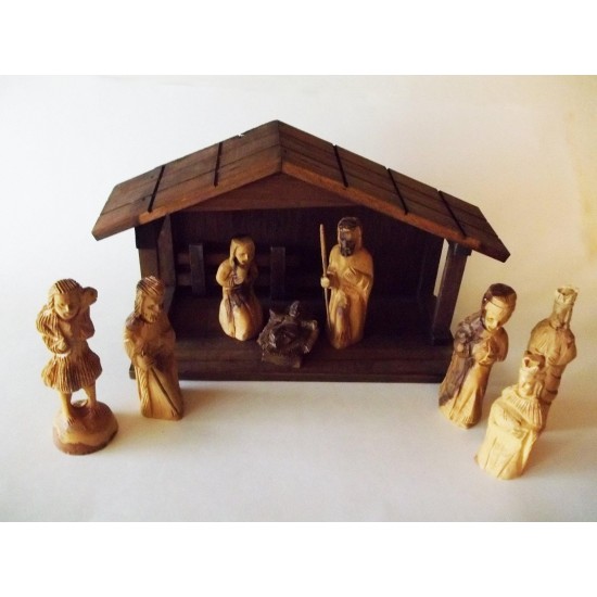 Vintage Olive Wood Christmas Nativity Set, 8 H Carved Figures Plus Stable