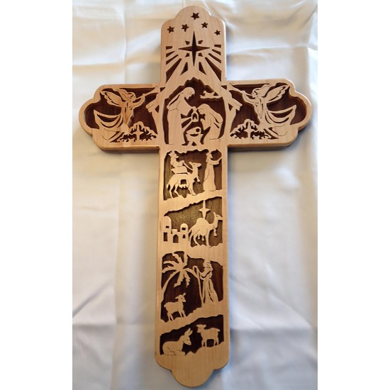 Wood Fretwork Nativity Bible Story Christian Wall Cross Scroll Saw Art Maple Walnut