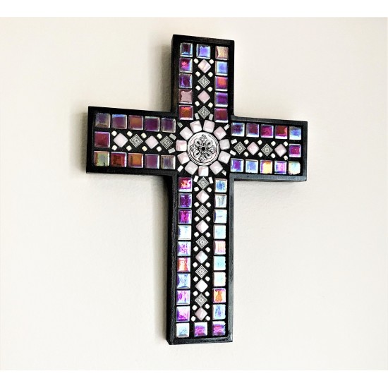 WOOD WALL CROSS with Glass Mosaic Tiles, Mosaic Wall Cross, Godparent Gift, Easter Gift I as, Mindfulness Gift, Top Sellers